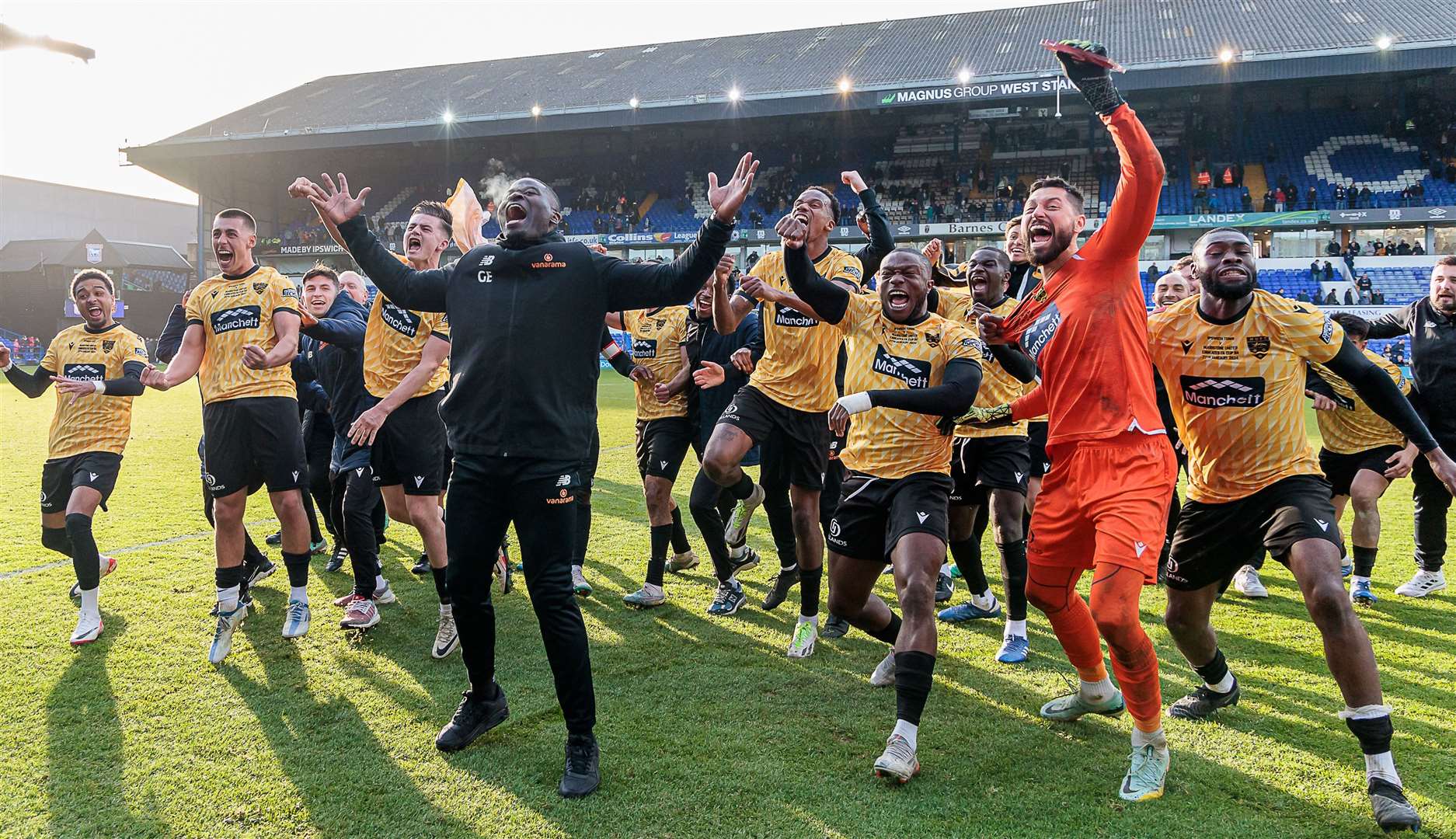 Manager George Elokobi leads the celebrations after Maidstone won at Ipswich in round four – can they produce another upset tonight? Picture: Helen Cooper