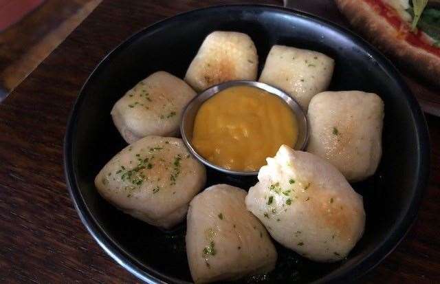 The dough balls we selected were served with a cheese dip