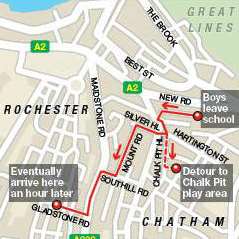 The route the boys took after leaving their Chatham school