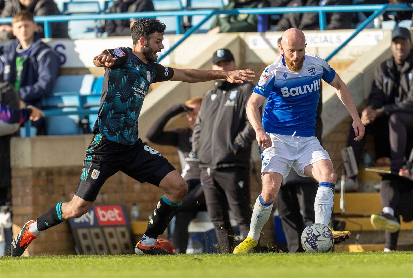 Jonny Williams takes on his man as Gillingham played out a goalless draw with Crewe on Friday Picture: @Julian_KPI
