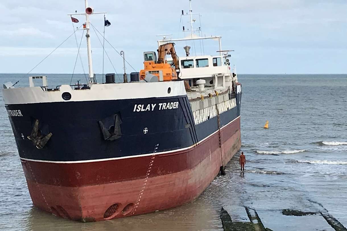 The ship almost took out Anthony Gormley's new statue. Picture: Jodie Nesling