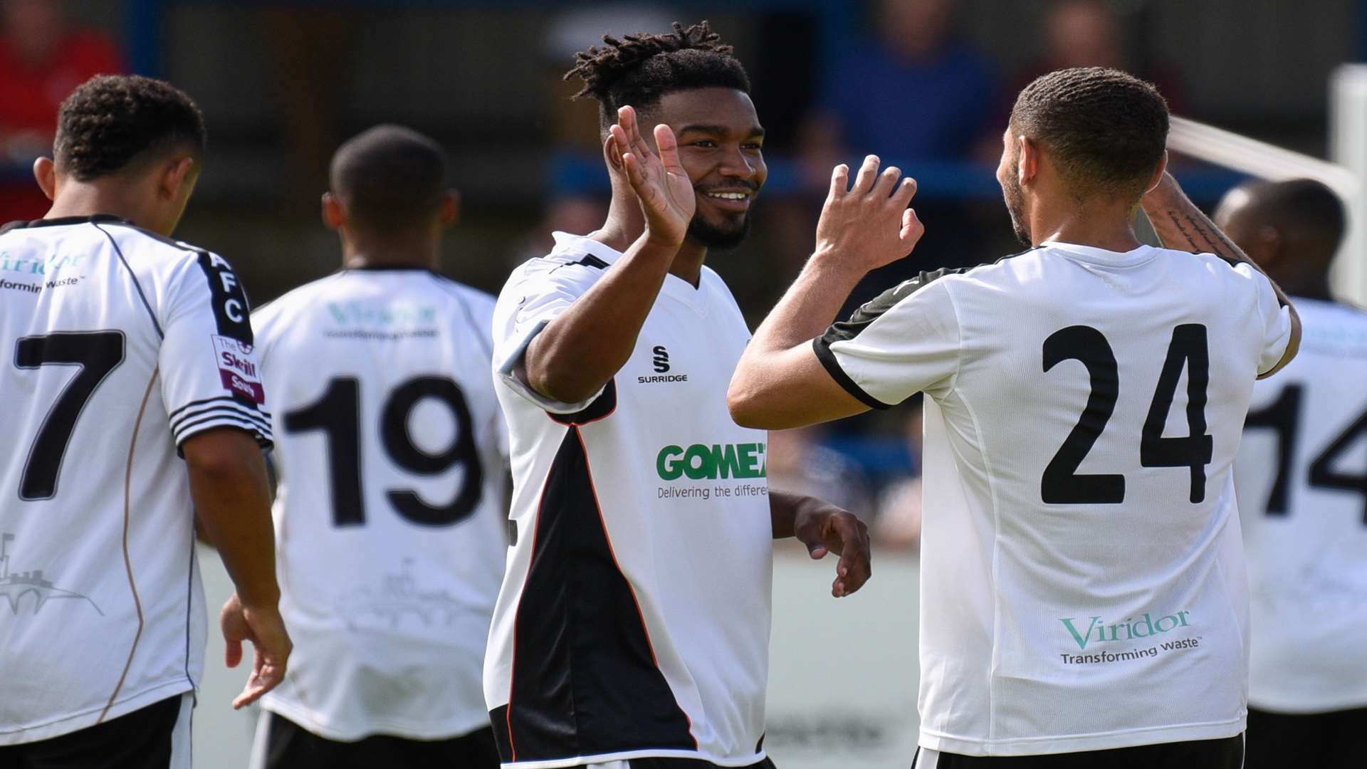 Dover celebrate one of their goals against Leyton Orient Picture: Alan Langley