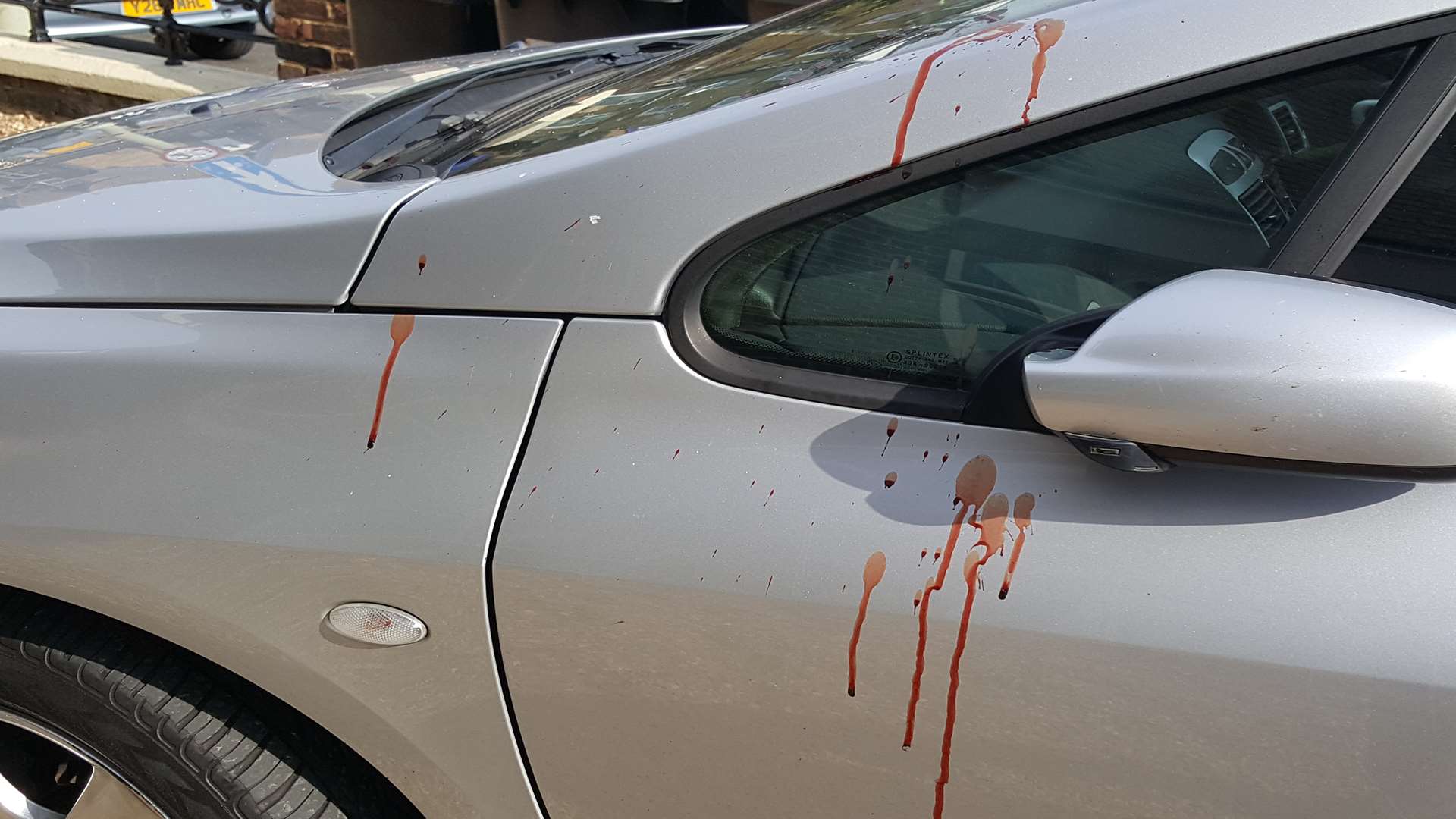 Blood splattered on a car outside the flat