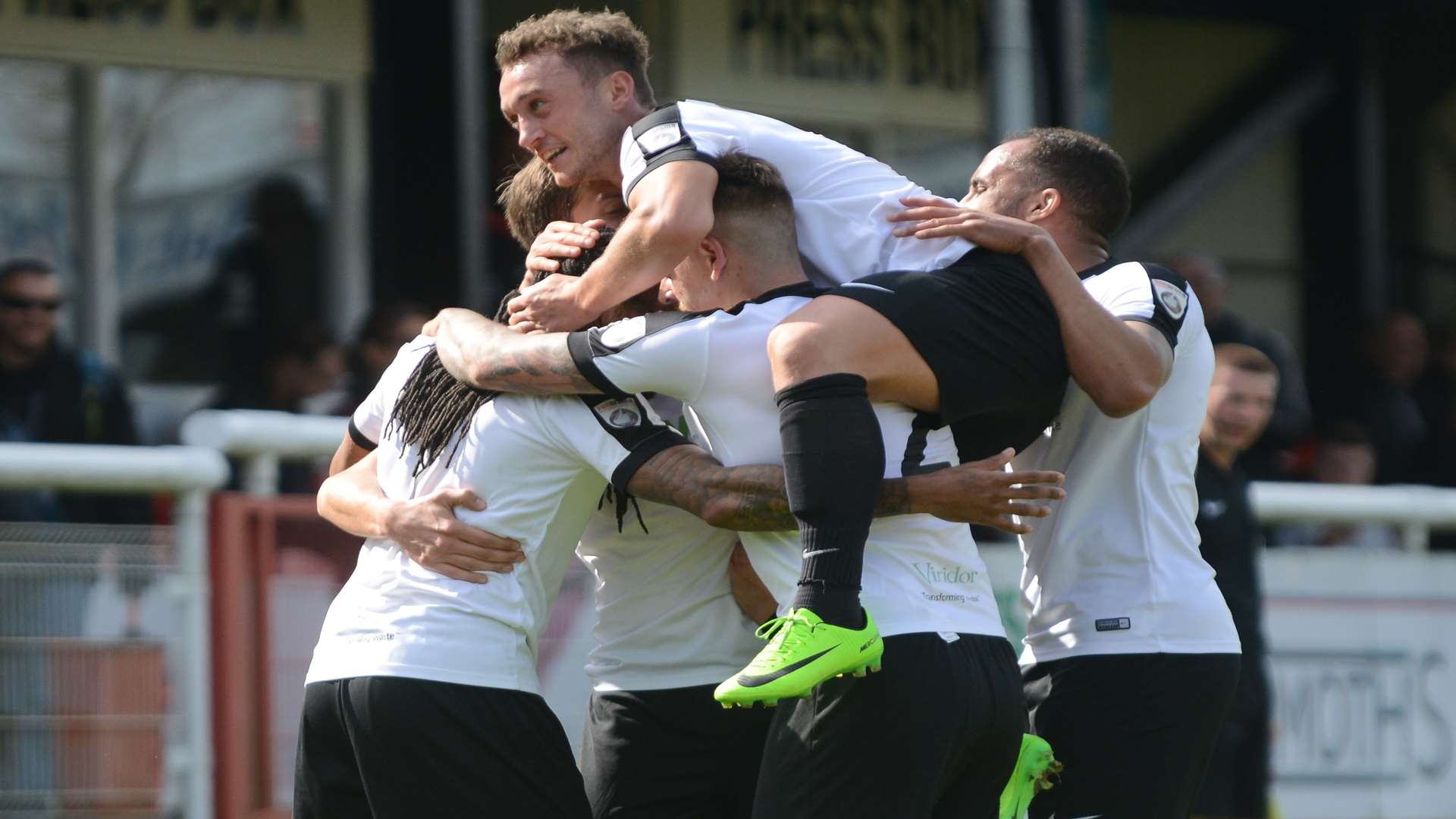 Dover celebrate Ricky Modeste's opener against Southport Picture: Gary Browne