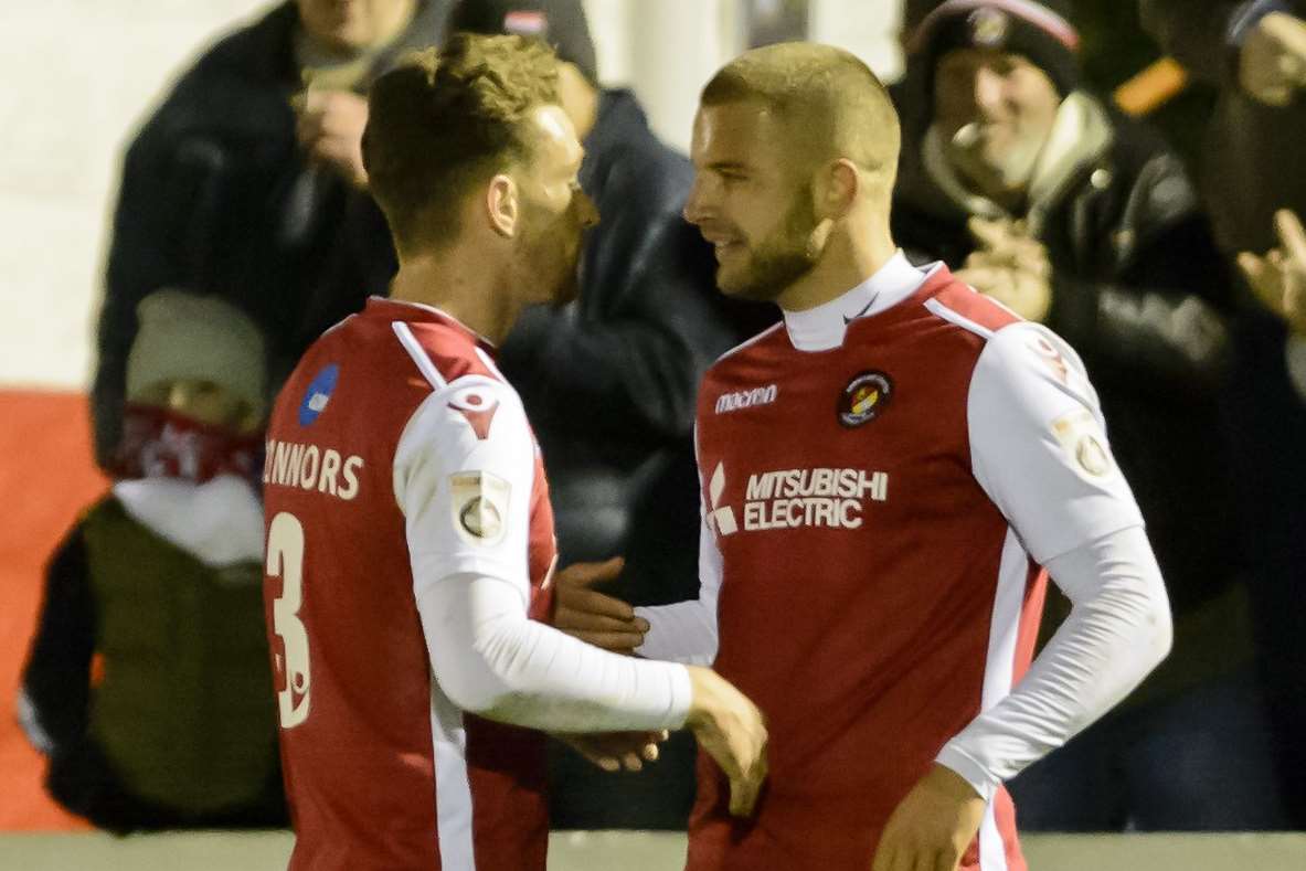 Luke Coulson, right, and Jack Connors celebrate Coulson's goal which made it 3-0 Picture: Andy Payton