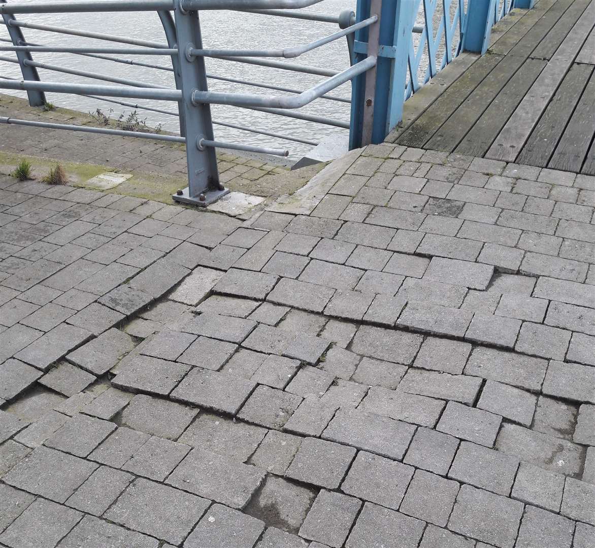 The collapsing pavement either side of the entrance to Sun Pier in Chatham Photo: Beryl Payne