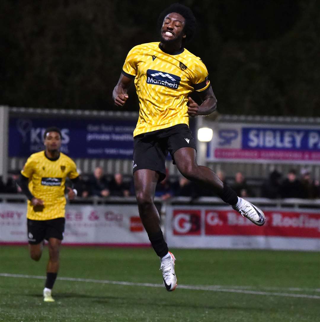 Delight for Devonte Aransibia after his first-half penalty. Picture: Steve Terrell