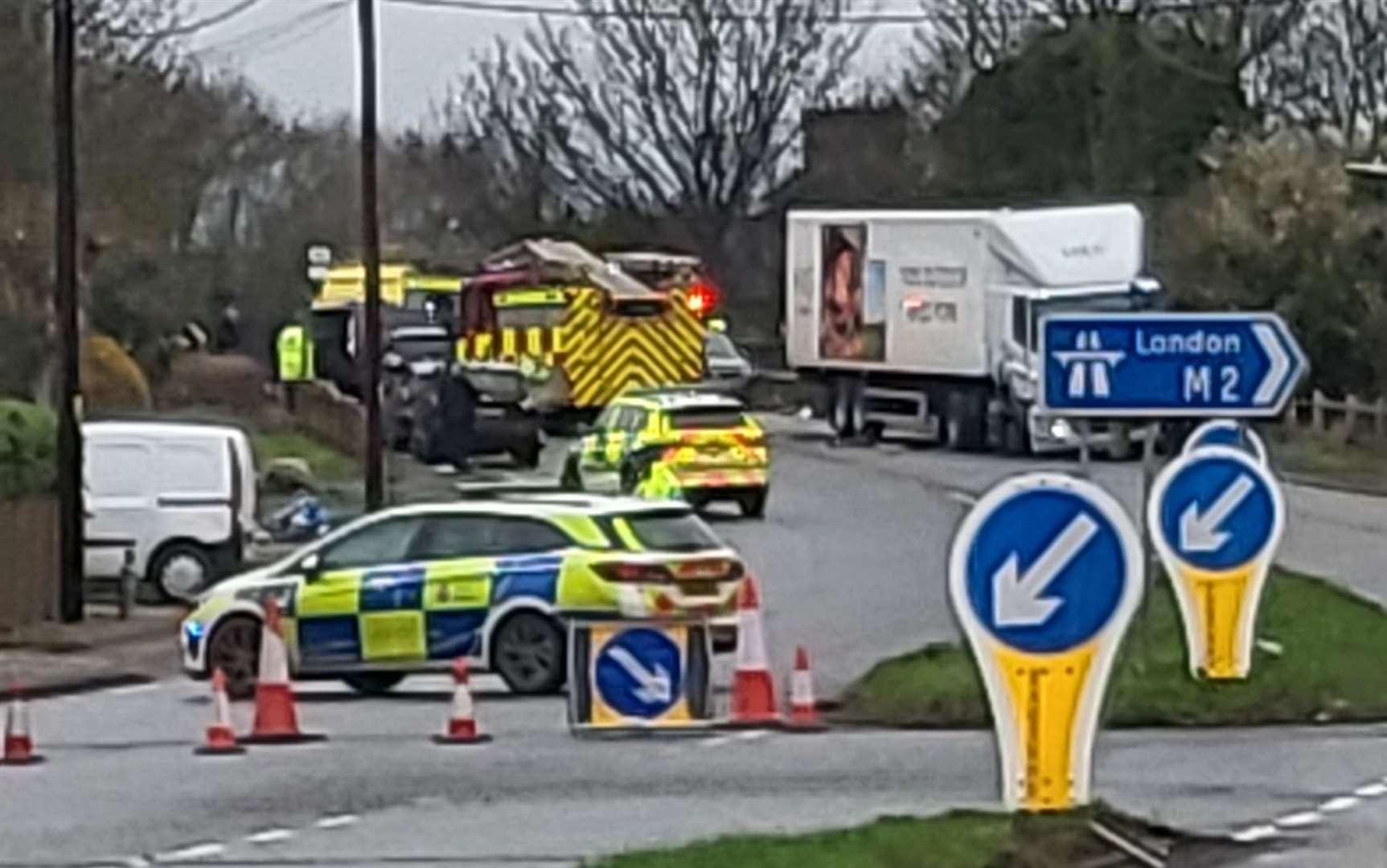 The A251 in Faversham is blocked by the M2 junction following a crash