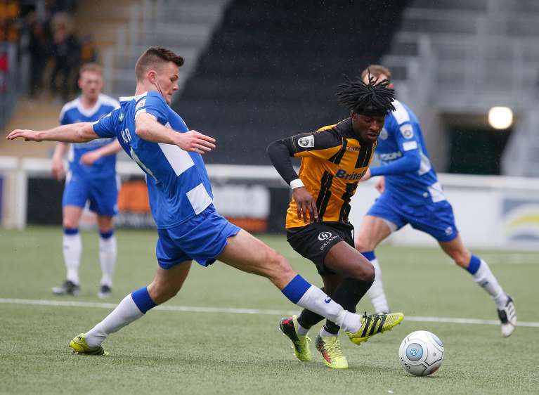Action from Maidstone's FA Trophy tie against Gateshead as Andre Coker makes an impression on his first start Picture: Andy Jones