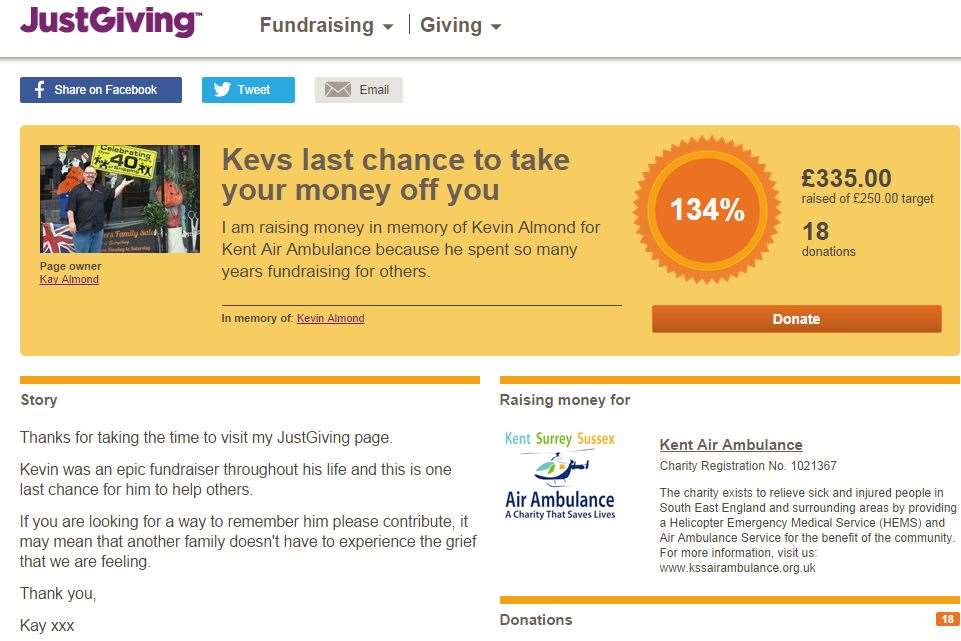 JustGiving page set up in Kevin Almond's memory