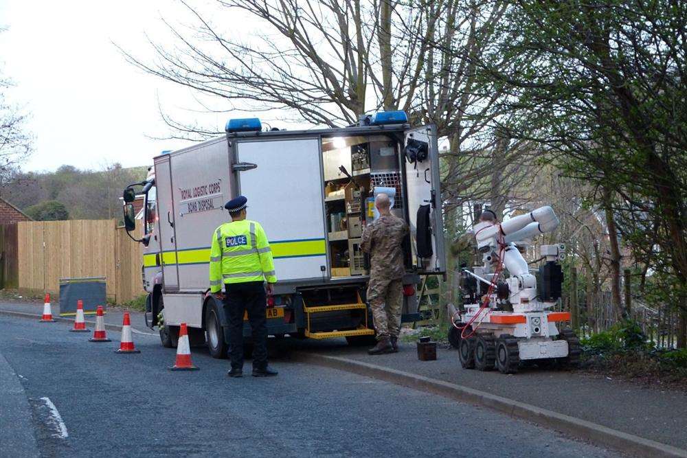 An Army bomb disposal van and equipment after the discovery of a grenade in Hythe. Picture: @Kent_999s