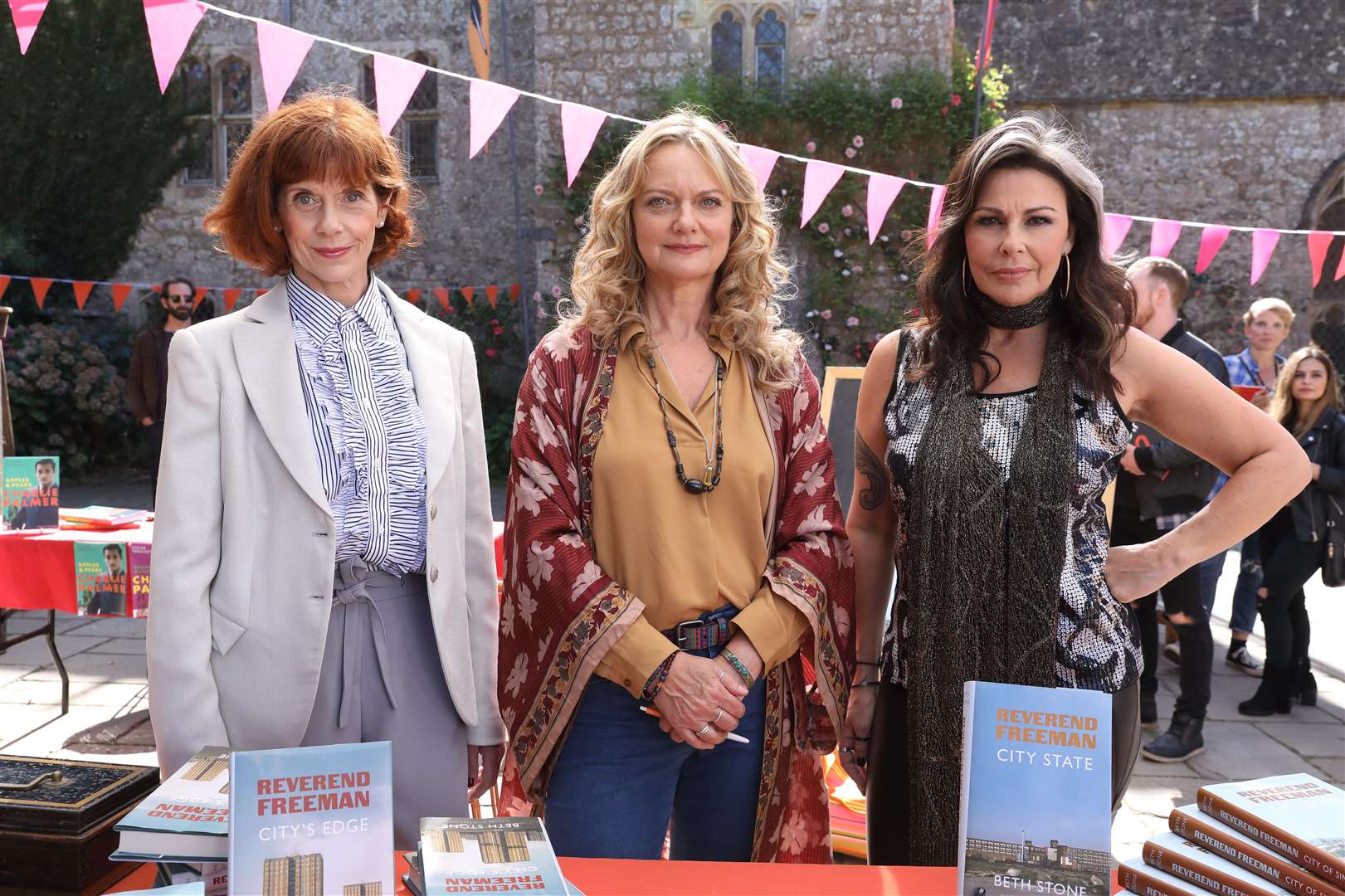 (L-R) Queens of Mystery Stars Siobhan Redmond, Sarah Woodward, and Julie Graham