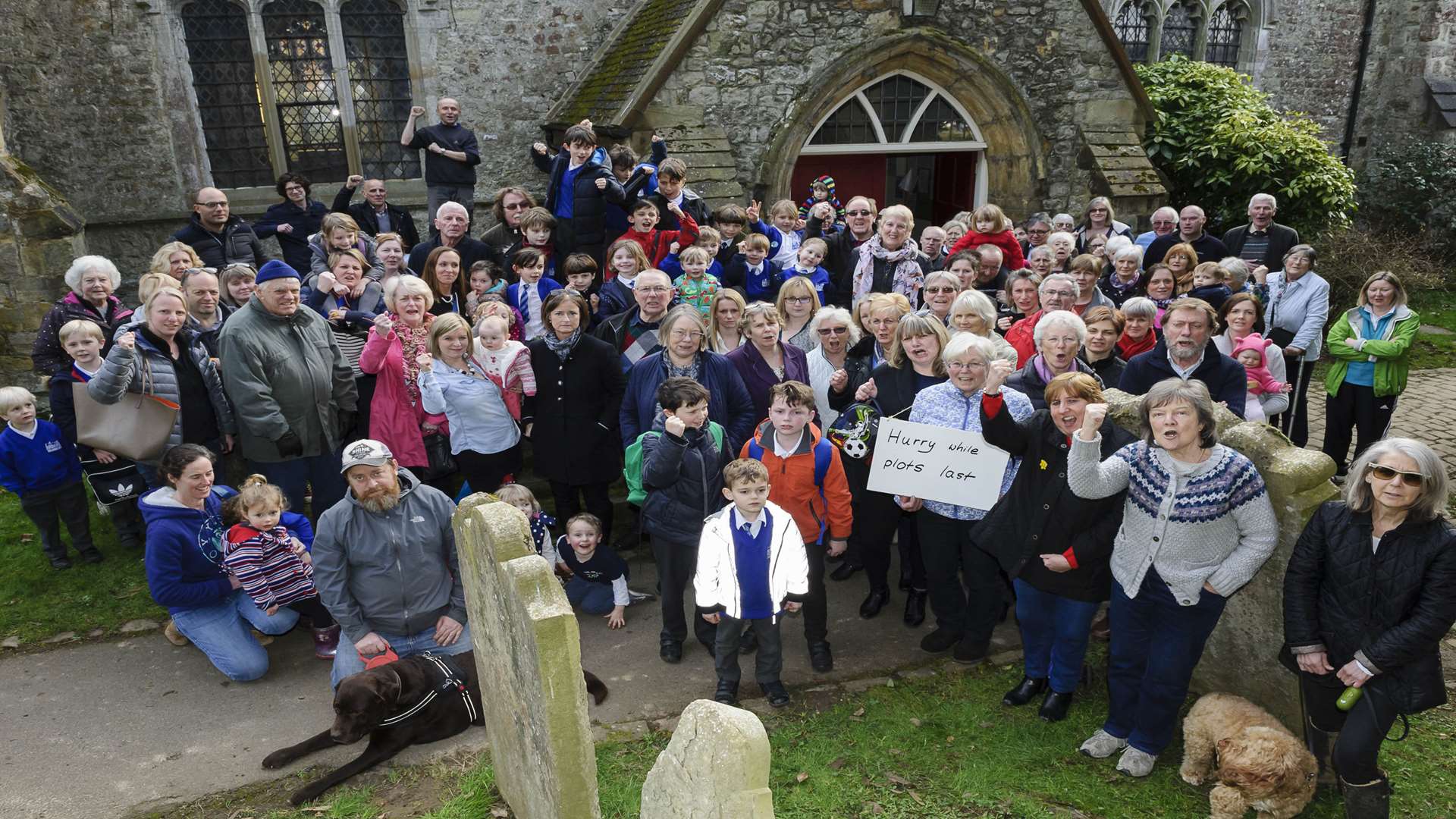 Angry Yalding villagers outside St Peter and St Paul's Church