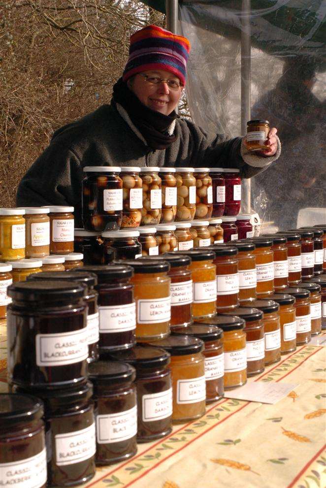 The Meopham farmers market. Sandra Woodfall sells jam, preserves & chutneys
