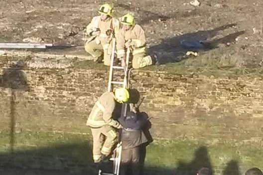 Fire crews help a man stuck in the mud in Faversham creek. Picture: Bryony Coe