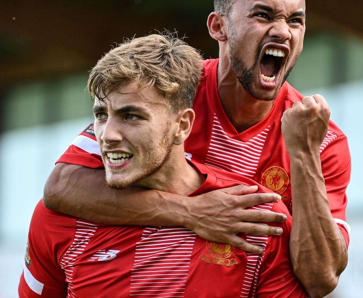 Welling hat-trick hero Antony Papadopoulos celebrates their weekend FA Cup 3-2 derby victory away to Dartford with a team-mate. Picture: Dave Budden