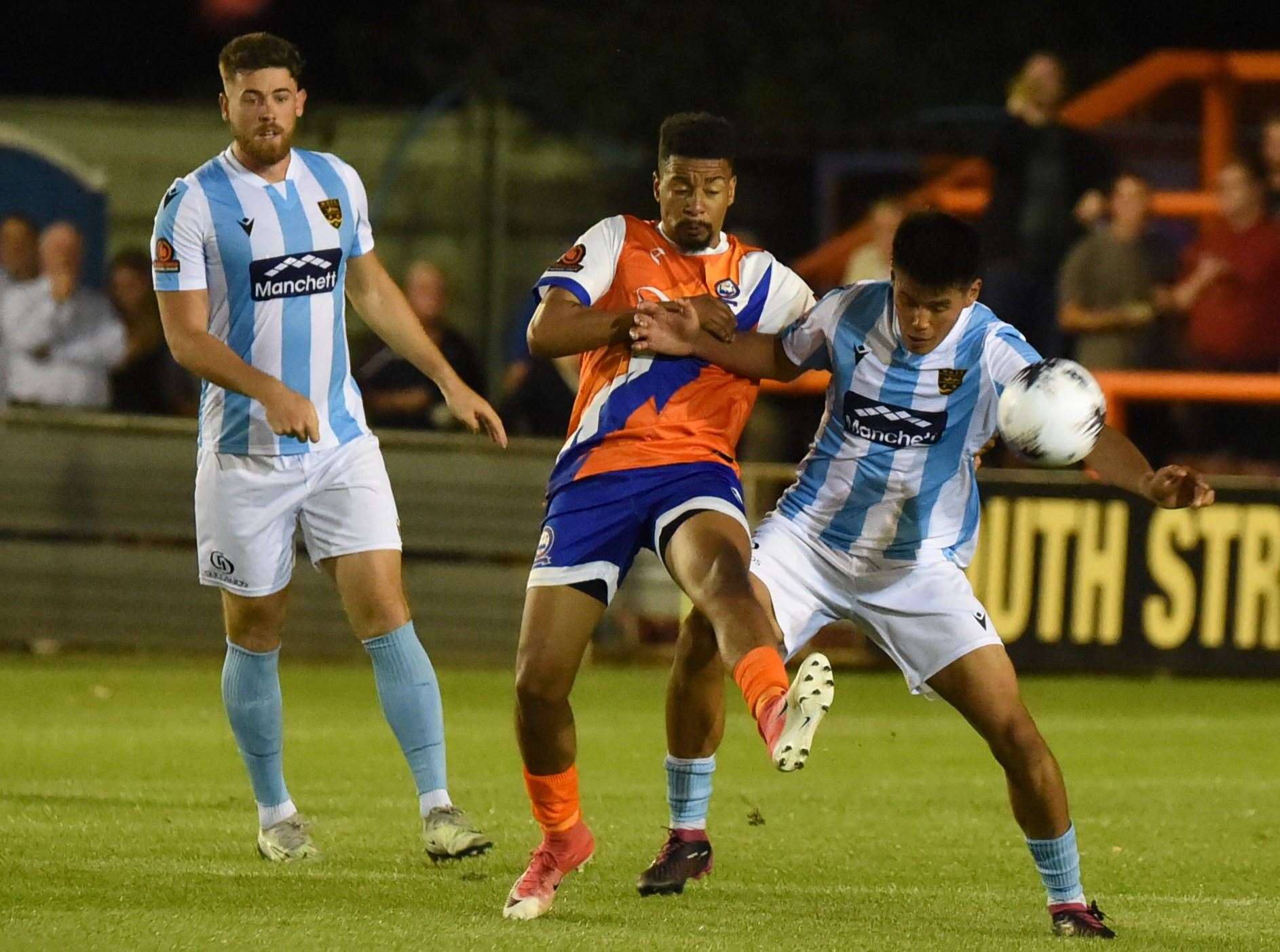 Maidstone’s Bivesh Gurung battles for possession at Braintree Picture Steve Terrell