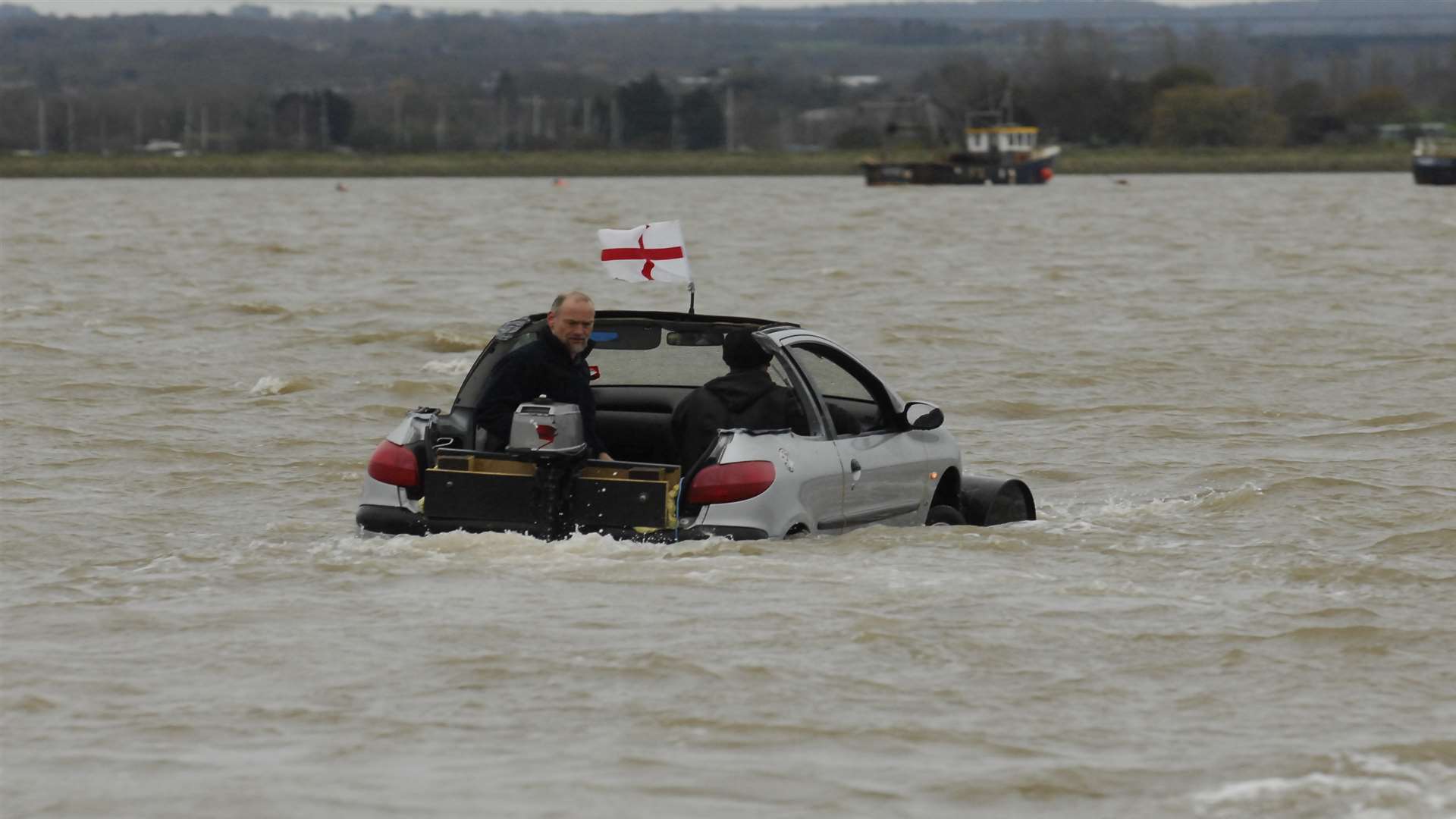 The floating car heading out across the Swale