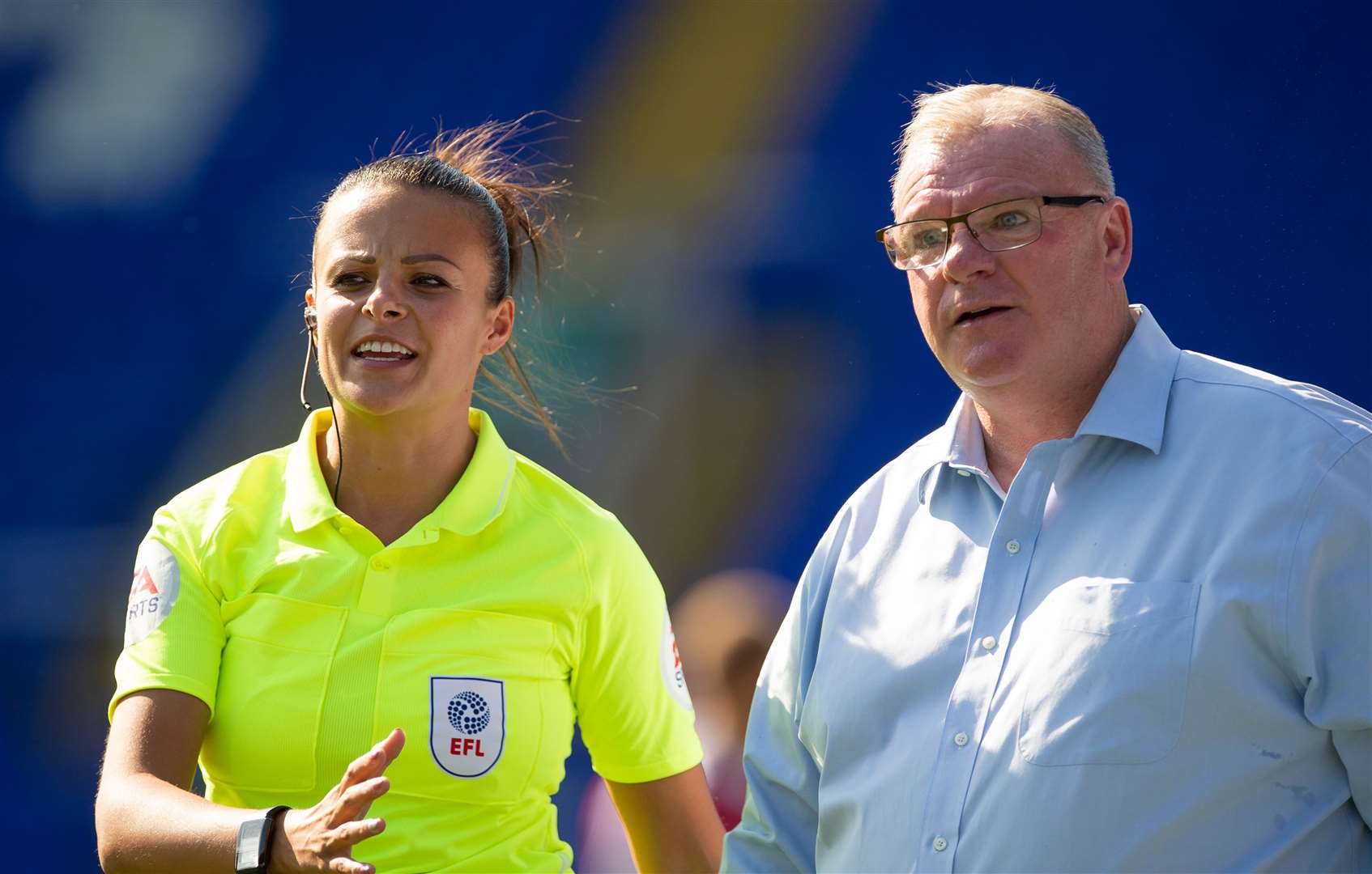 Gillingham manager Steve Evans on the touchline with fourth official Lisa Rashid Picture: Ady Kerry