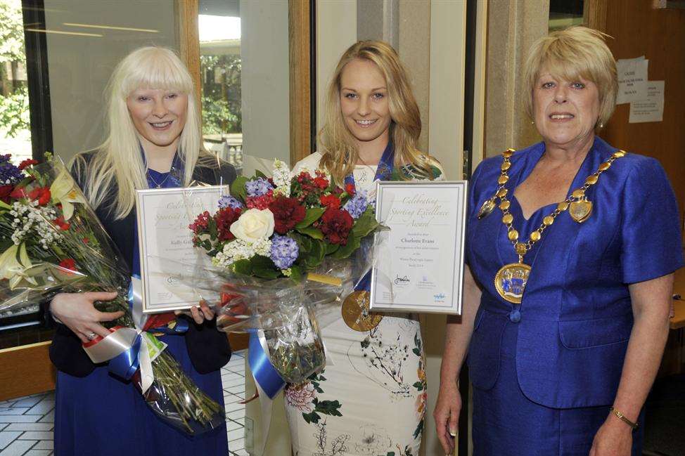paralympic skier Kelly Gallagher, with guide Charlotte Evans and mayor of Medway Cllr Josie Iles. Picture: Nick Johnson