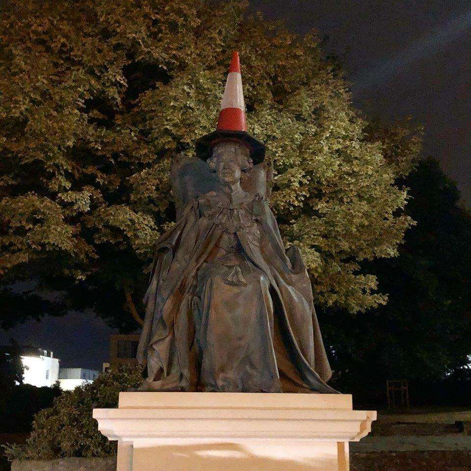 The Queen's statue was unveiled on Thursday, and found with a cone on her head the next day. (3368804)