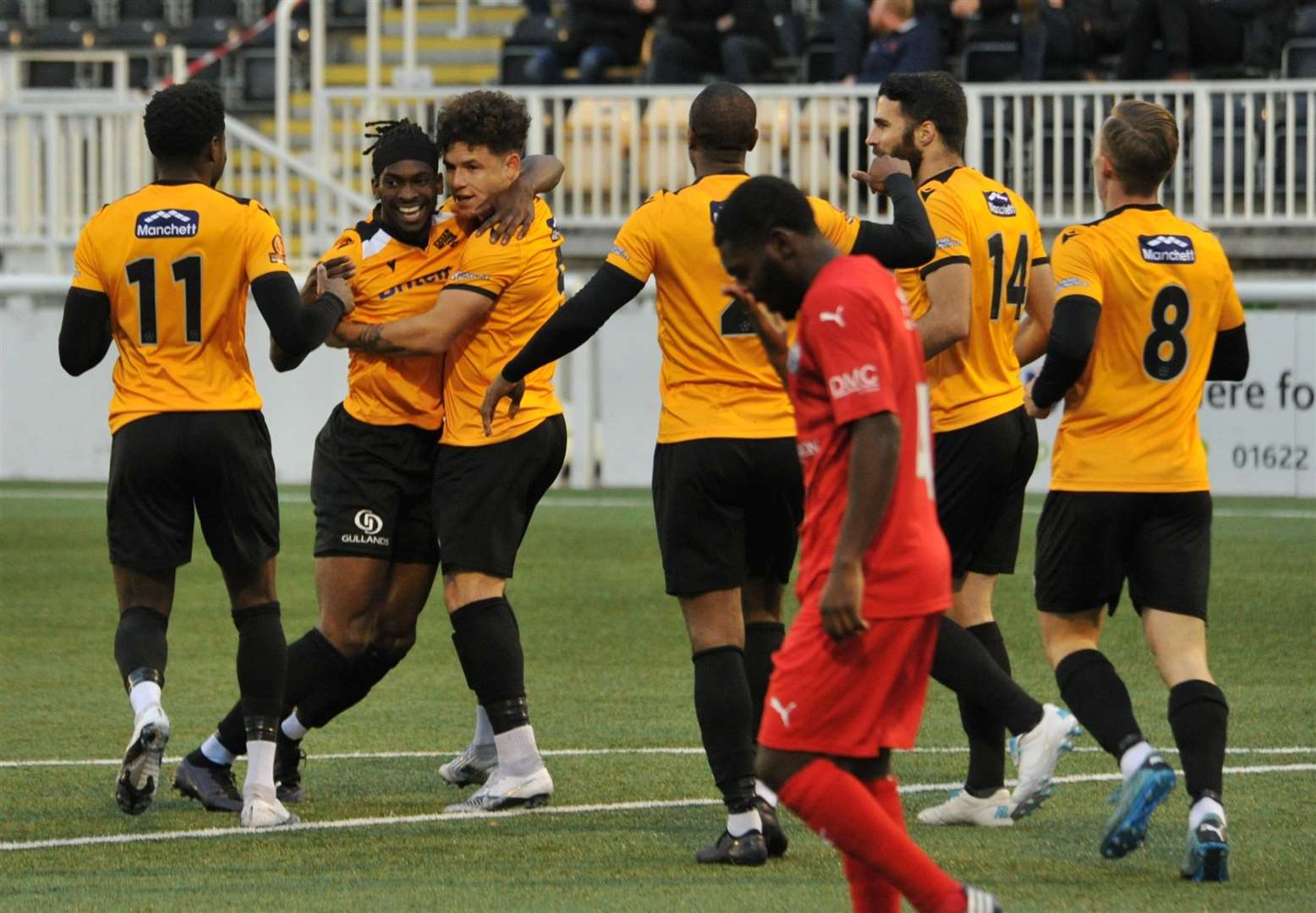 Ibrahim Olutade celebrates his goal with Maidstone team-mates Billericay Picture: Steve Terrell