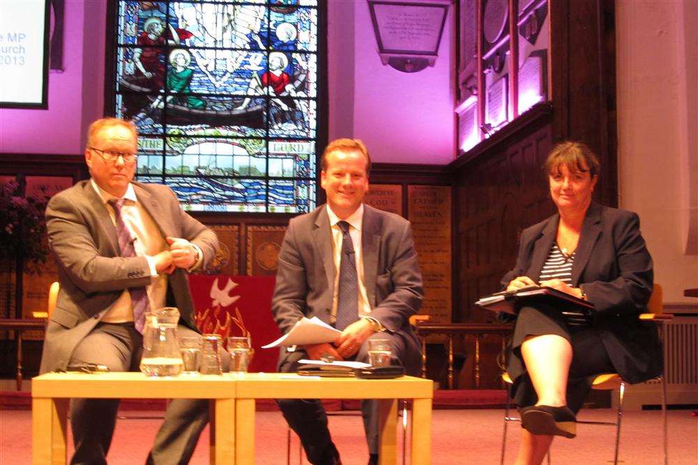 Charlie Elphicke with Darren Cocker, clinical chairman of the South Kent Coast Commission and Nicola Osborne, Kent Community Health Care Trust head of intermediate care services at a previous meeting, held in St George's Church, Deal