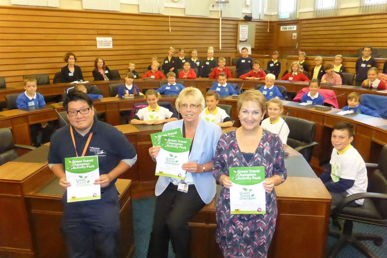Cllr Jenny Hollingsbee, Cabinet Member for Communities (centre), joins air pollution expert Wai Tse and Debbie Martin of the KM Charity Team at the launch of the Folkestone and Dover Green Champion event.