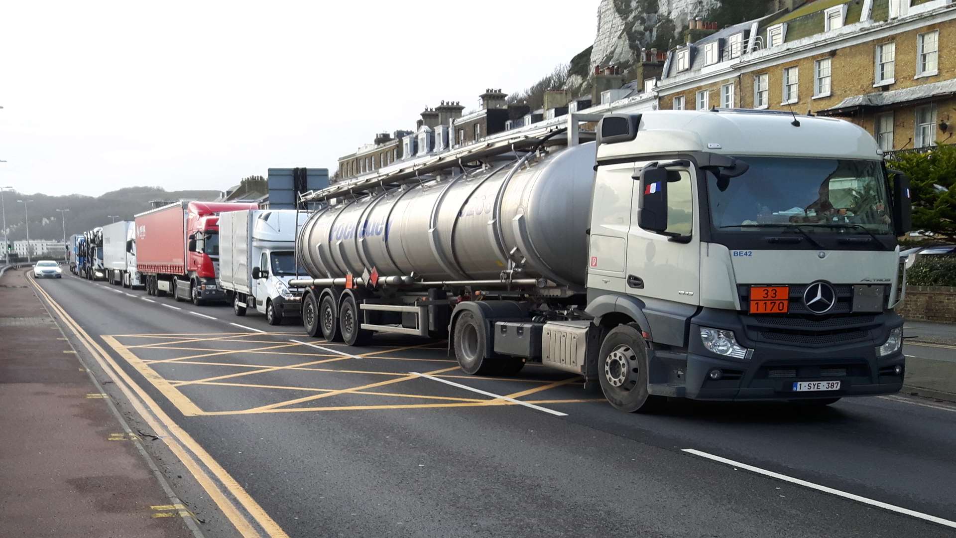 Lorries last week queued at Dover's Townwall Street to reach the Eastern Docks