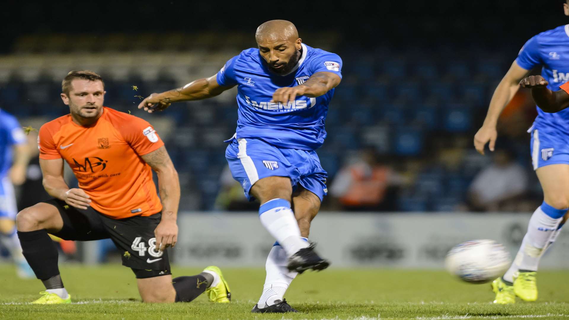 Josh Parker fires Gills ahead against Southend. Picture: Andy Payton