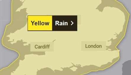 A yellow weather warning for rain affecting the whole of Kent has been issued. Picture: The Met Office