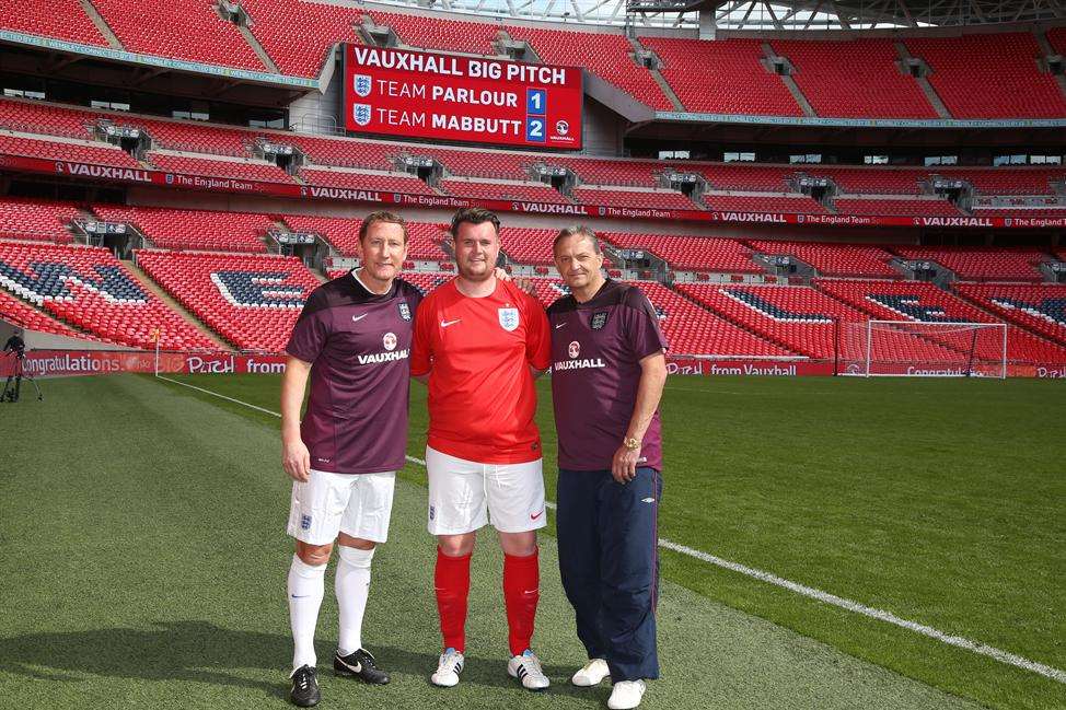 Liam Donovan (centre) from Sittingbourne with England legends Ray Parlour (left) and Gary Mabutt.