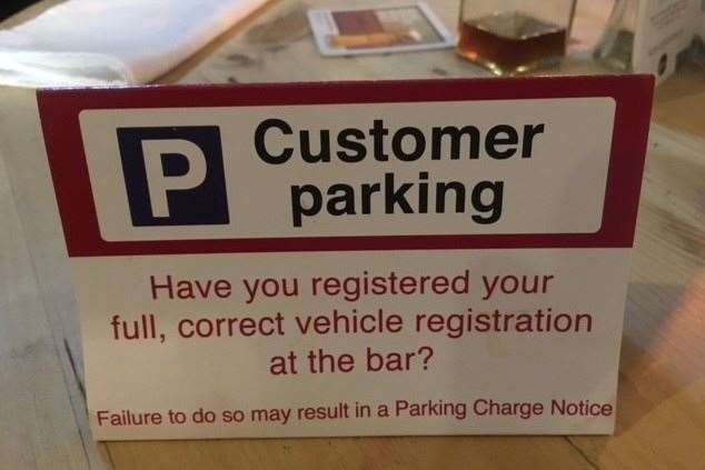 Obviously keen to avoid customers being caught out and receive a parking charge unnecessarily these warning cards were placed on every table