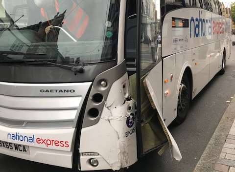 Damage to the bus, following the crash