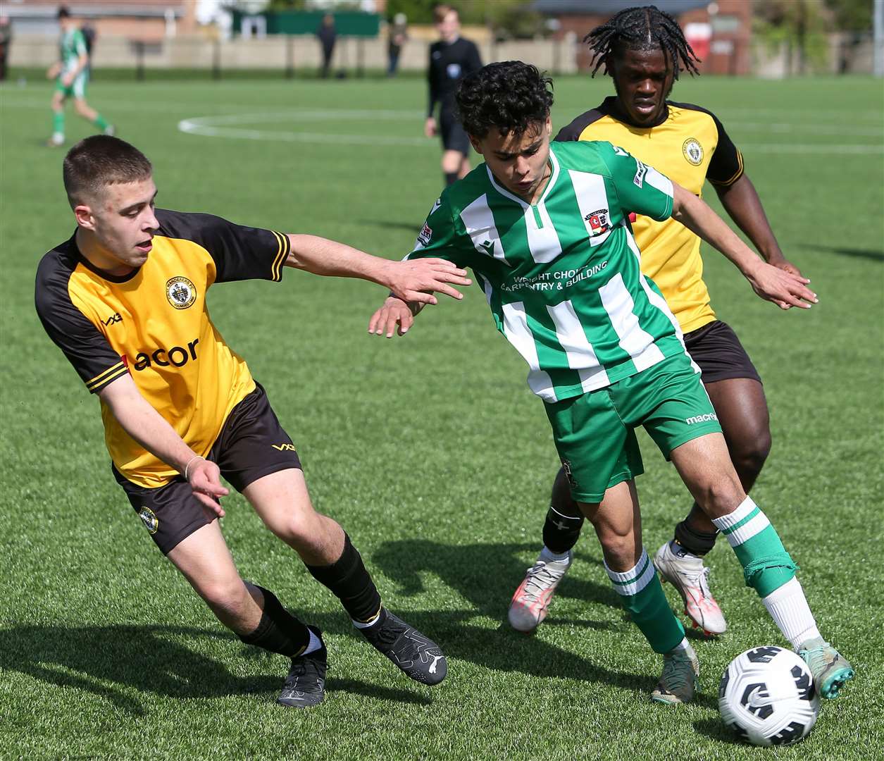 Rusthall are closely checked by Cray Wanderers during the Kent Merit Under-18 Boys Cup Final. Picture: PSP Images