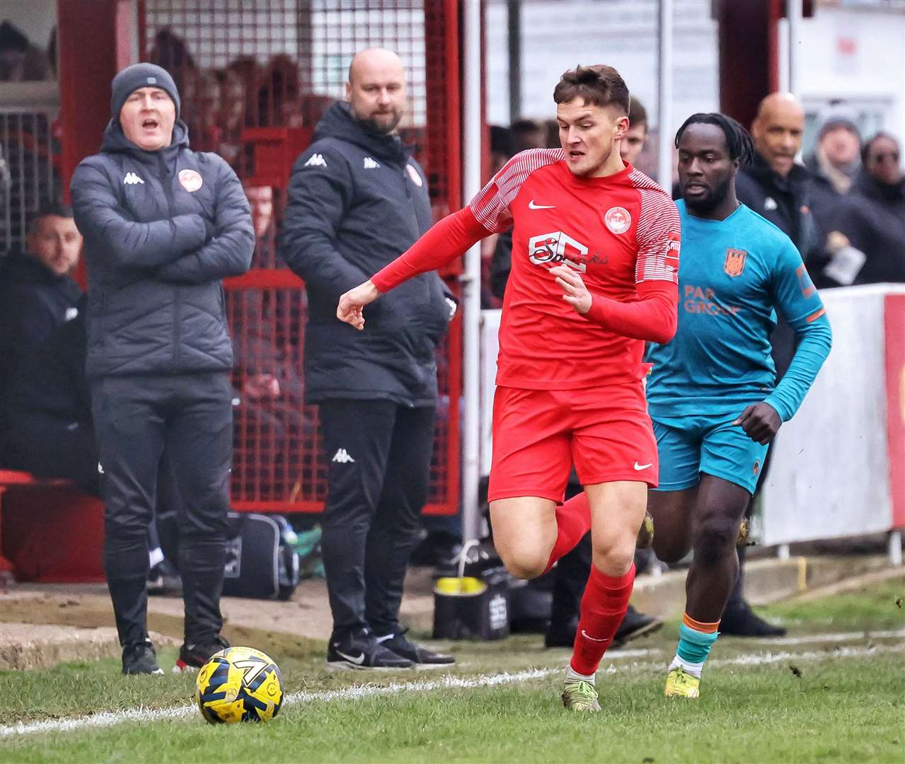 Marcus Goldsmith gets down the right for Hythe. Picture: Helen Cooper