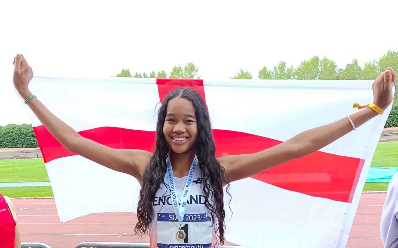 Canterbury’s Qi'-Chi Ukpai after her Schools International Athletics Board triple jump competition triumph in Grangemouth, Scotland