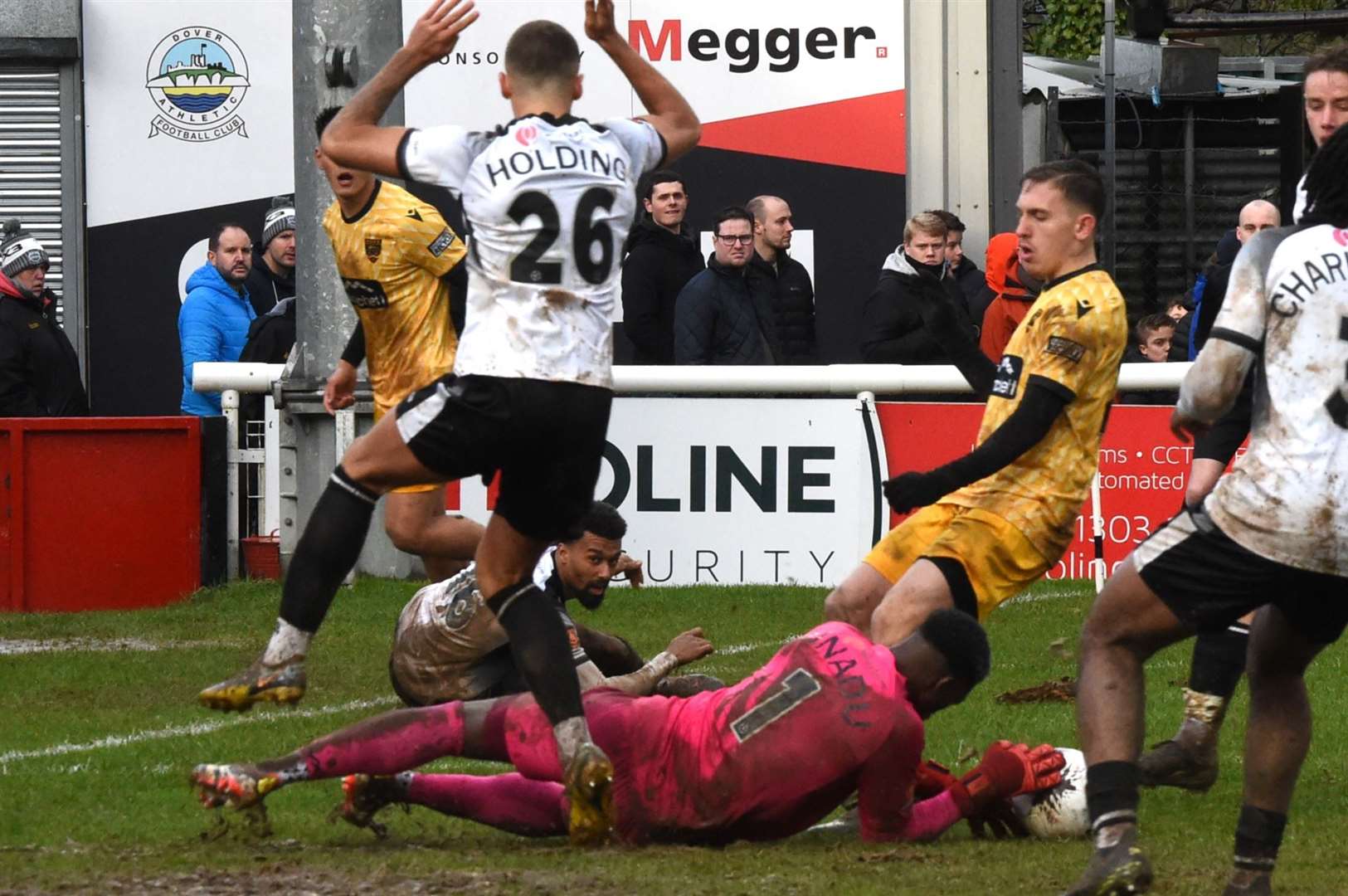 Dover keeper Daniel Jinadu holds on against Maidstone. Picture: Steve Terrell