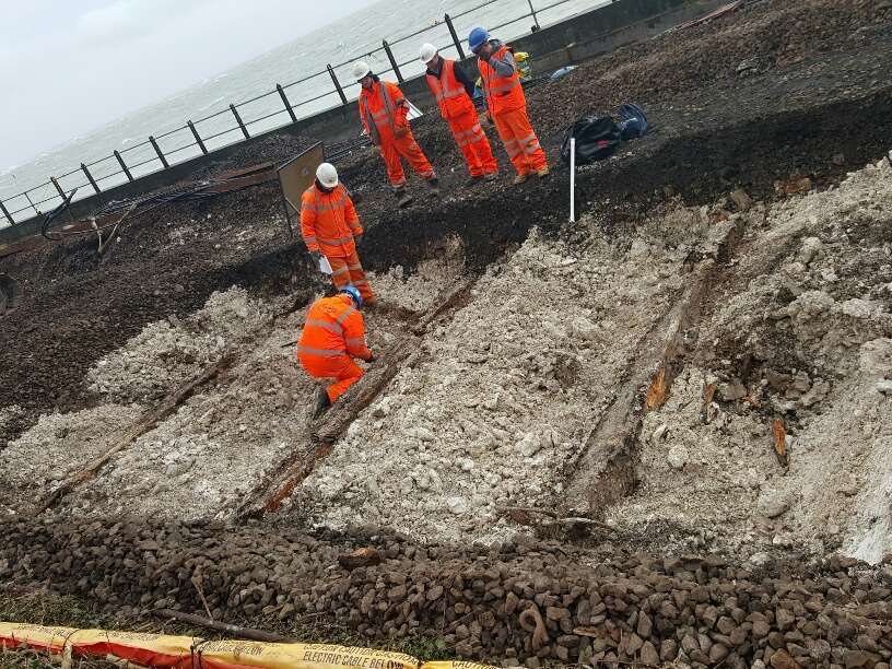 The rail repair works at the Dover sea wall at Shakespeare Beach in its first weeks, last February. Picture, Chris Denham.