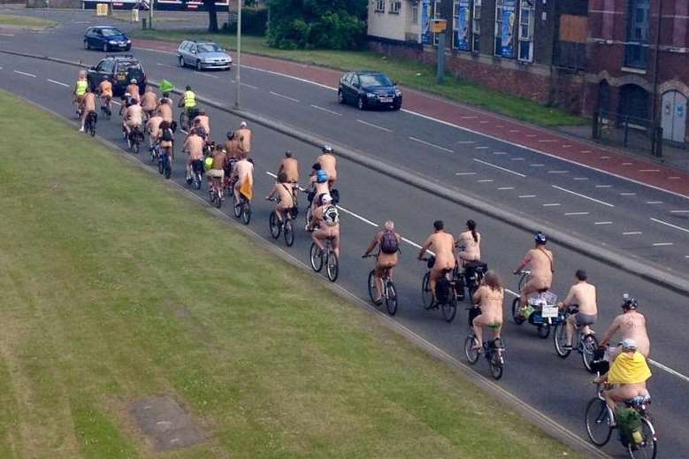 The bare bikers ride along the ring road. Photo: Kent 999s