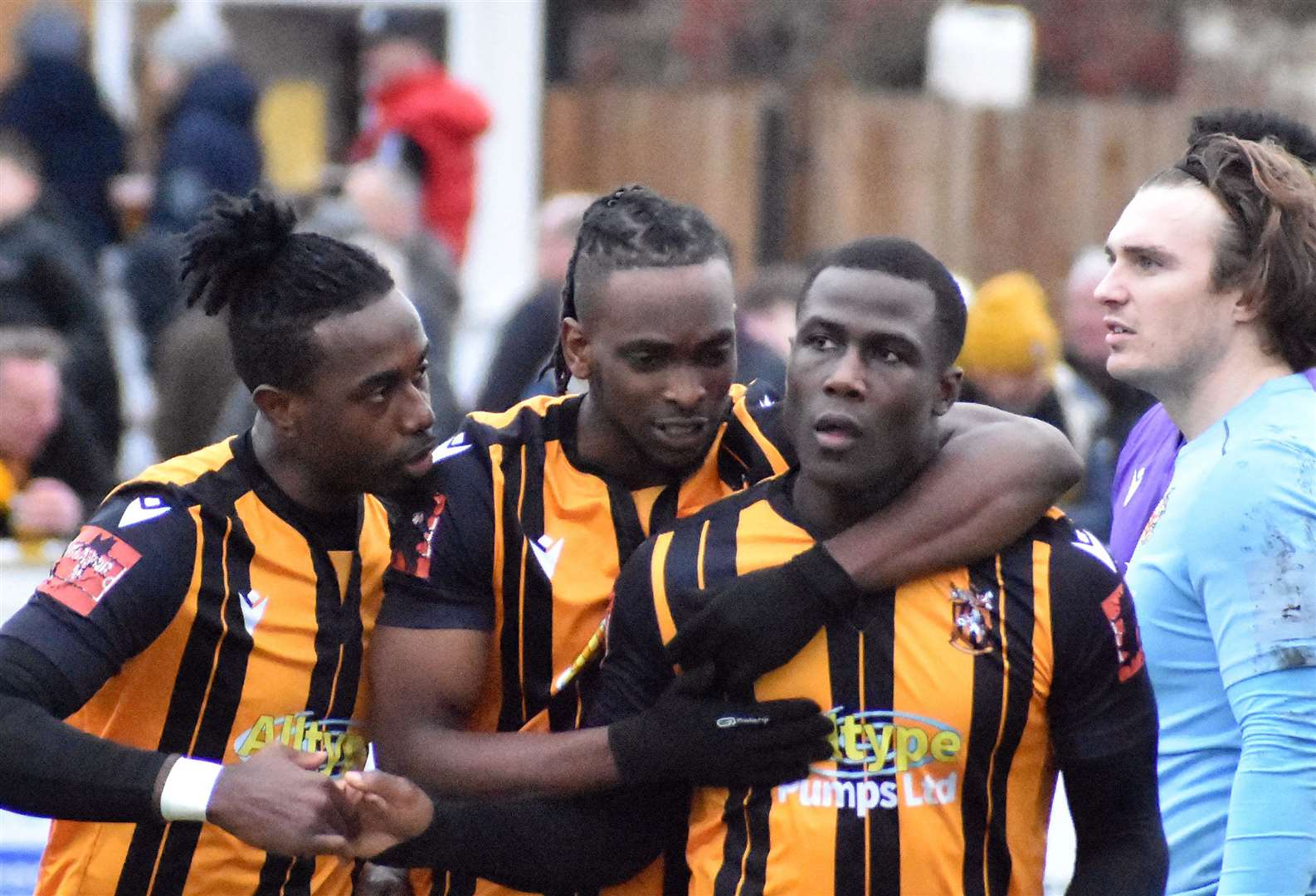 Ade Yusuff celebrates against Hornchurch in their weekend 2-1 loss - he has now left Folkestone for the Urchins. Picture: Randolph File
