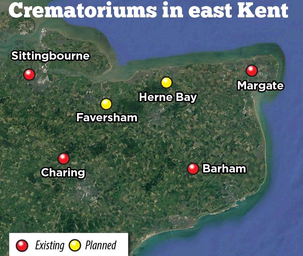 The locations of east Kent's proposed and existing crematoriums