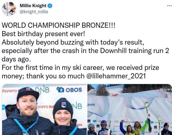 Canterbury's Millie Knight and guide Brett Wild celebrate winning World Para Snow Sports Championships bronze. Picture: Twitter / @knight_millie