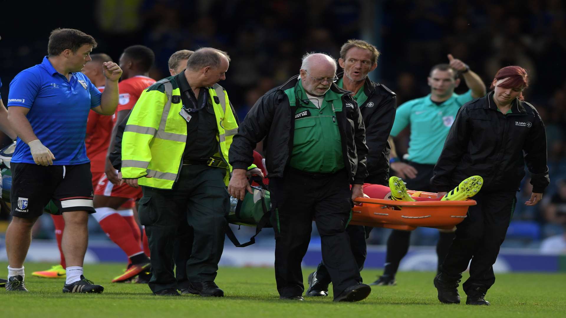 Max Ehmer is carried off at Southend Picture: Barry Goodwin