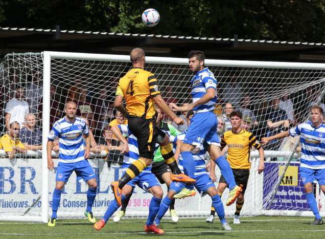 Maidstone captain Steve Watt goes for goal against Oxford Picture: Martin Apps