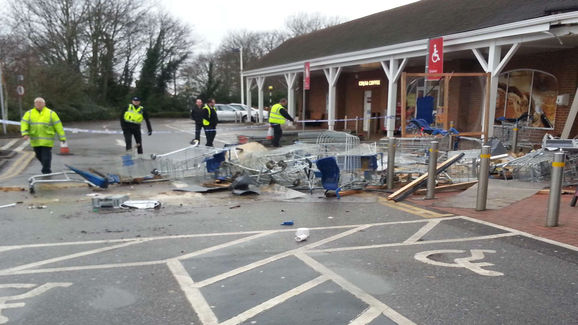 A trail of destruction is left after the ram raiders strike at Tesco