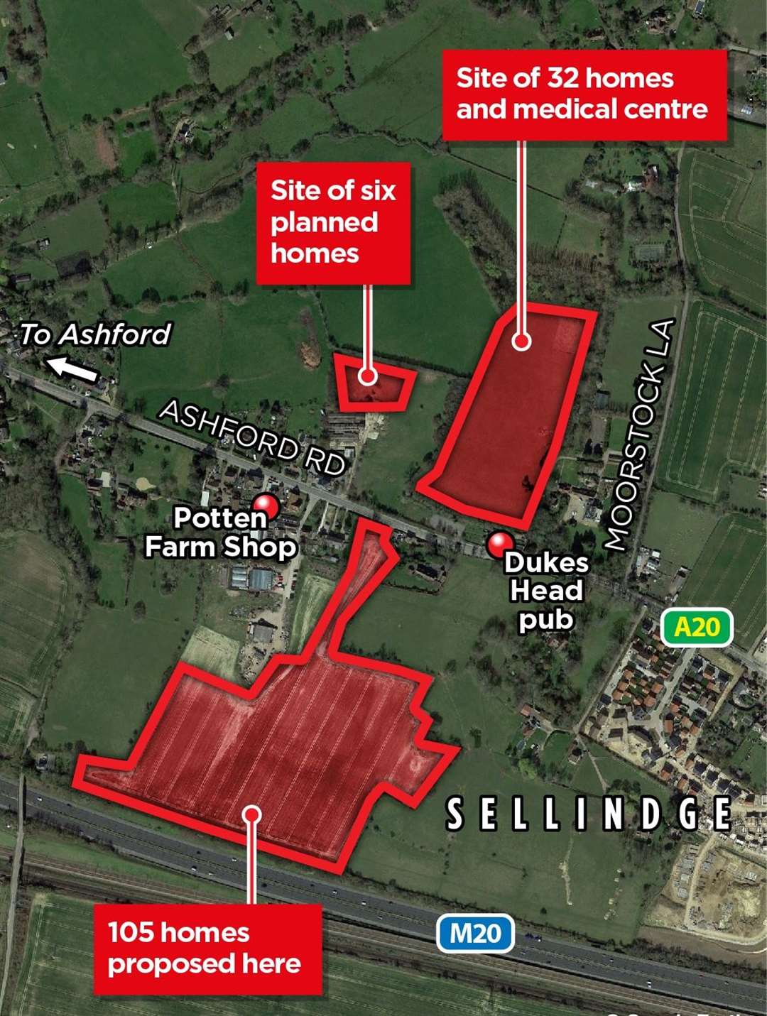 Graphic showing where Max Tillings’ proposed developments will be, along with Gladman Developments Limited plans for 105 homes opposite
