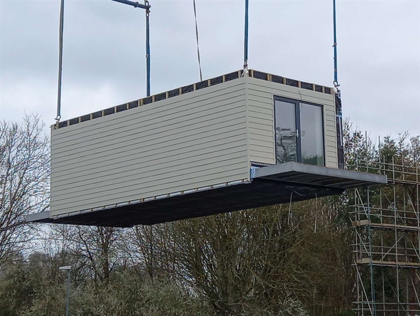 The first pod to be lifted into position for the homes at Henwood, Ashford. Picture: Ashford Borough Council