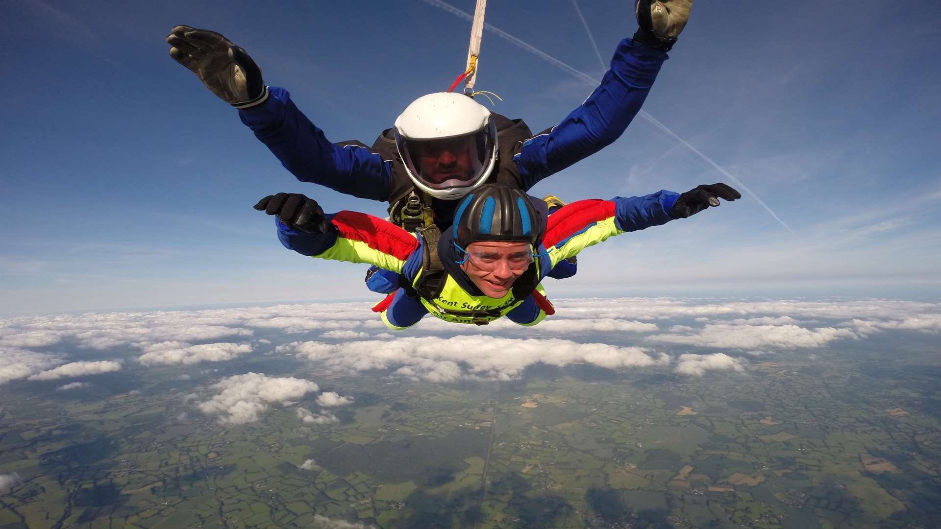Trevor McBean during his sky-dive for the Kent, Surrey and Sussex Air Ambulance at Headcorn Airfield