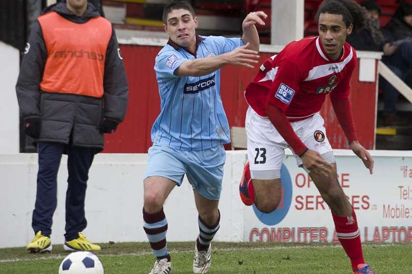 Former Gills striker Stefan Payne (right, in action for Ebbsfleet), has joined Dover on a free transfer from AFC Hornchurch. Picture: Andy Payton FM2447594